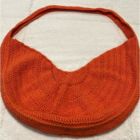 Hand Crafted, Crocheted Orange Half Moon Bag EUC - Picture 1 of 10